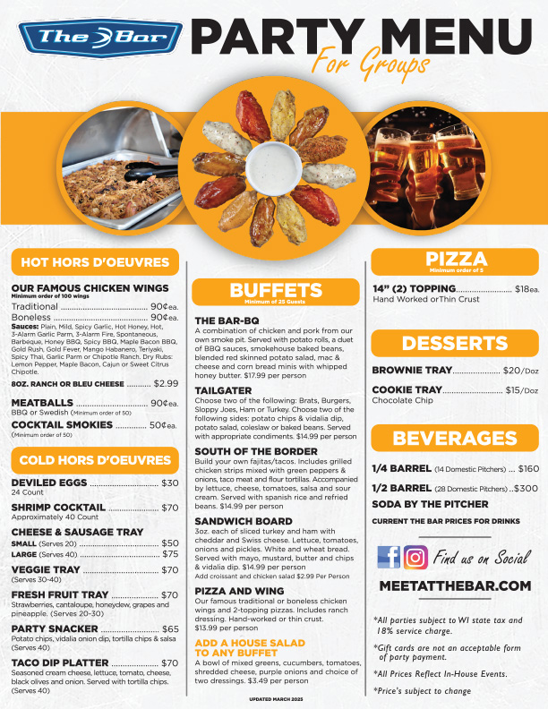 The Bar - Party Menu